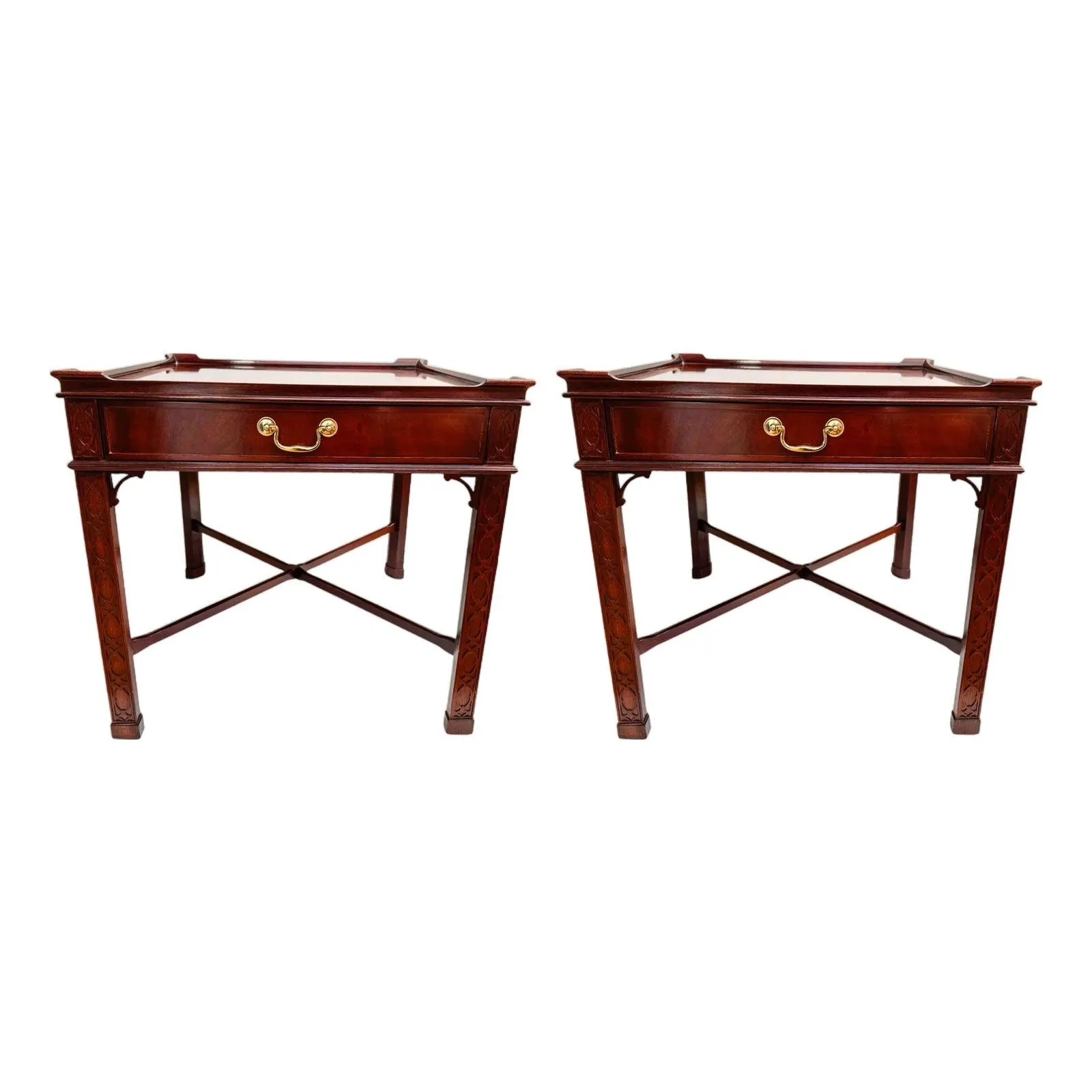 Late 20th Century Baker Furniture Chinese Chippendale Mahogany Carved Square End Tables - A Pair
