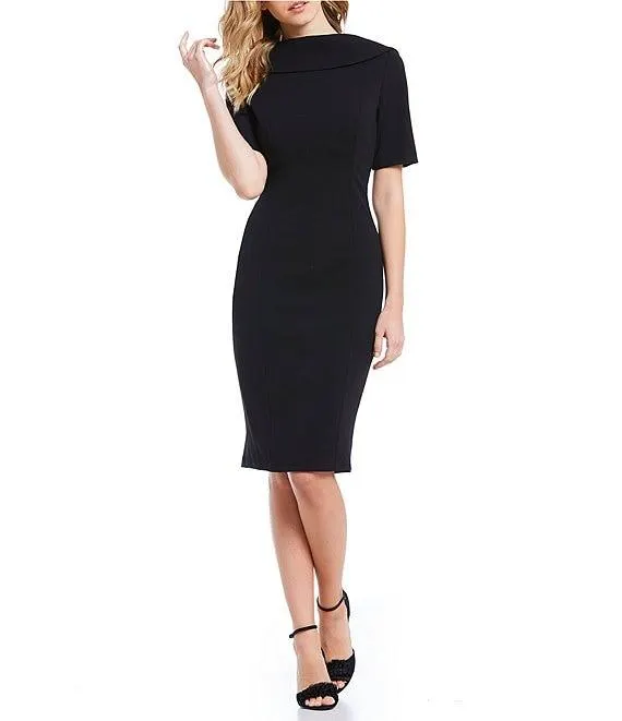 V-Back Foldover Collar Short Sleeve Sheath Dress