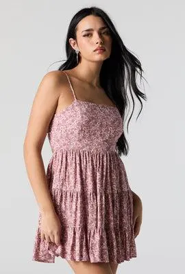 Pink Floral Tiered Mini Dress