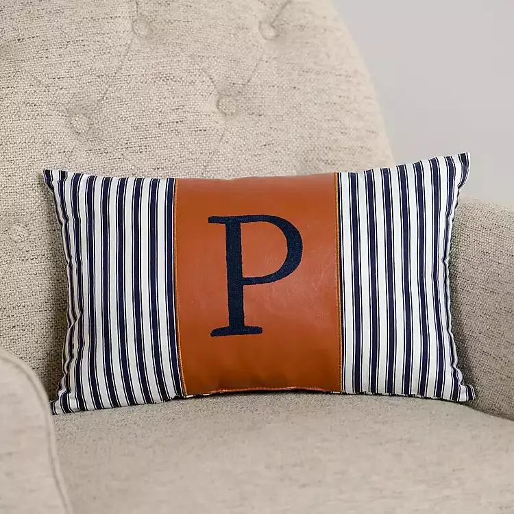 Navy Striped Monogram P Lumbar Pillow