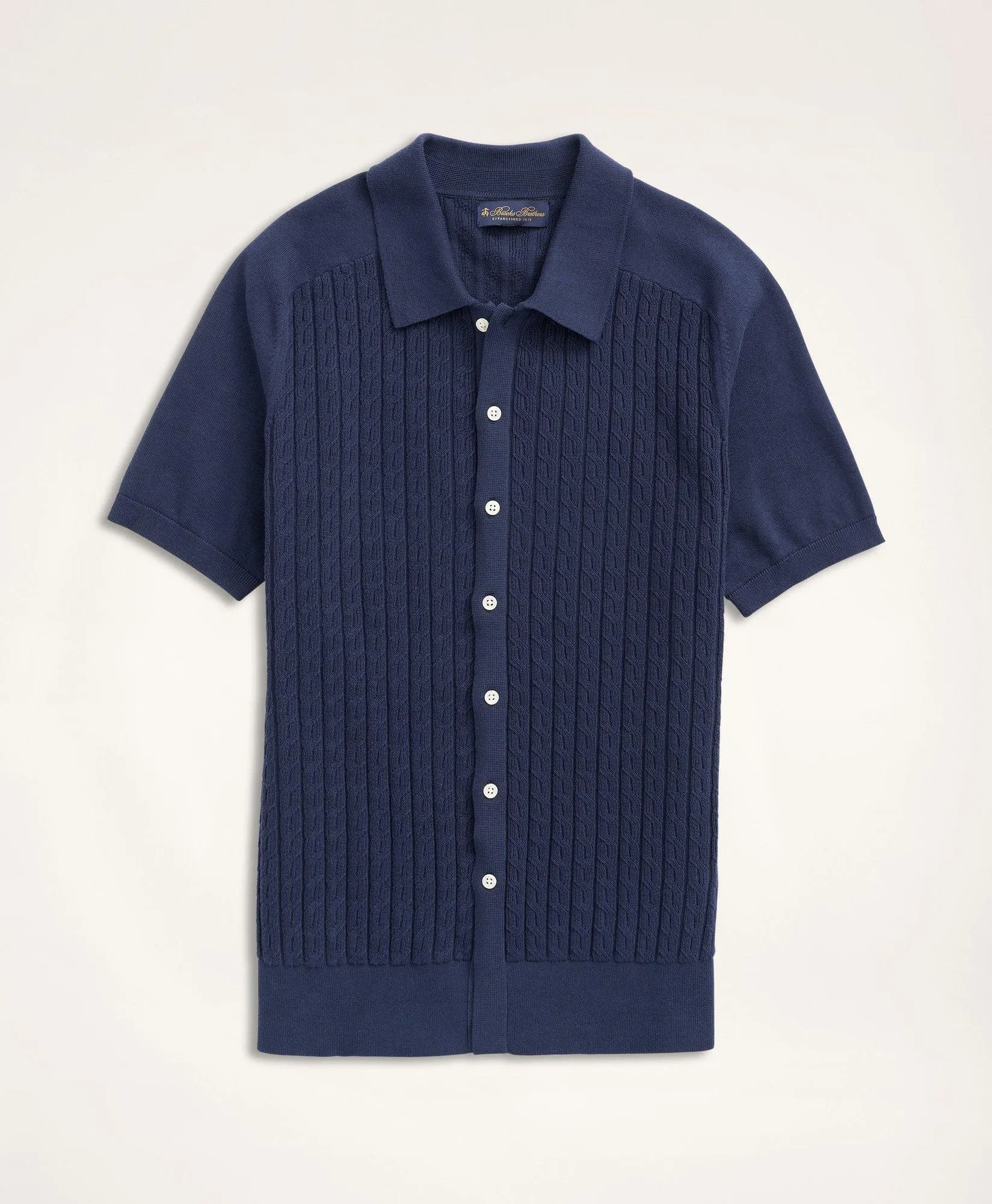 Cotton Cable-Knit Short-Sleeve Polo Sweater