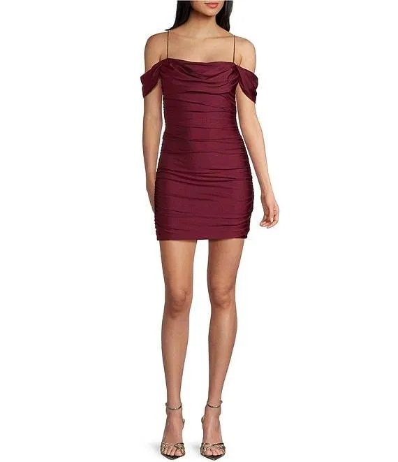 Off The Shoulder Spaghetti Strap Shirred Bodycon Dress