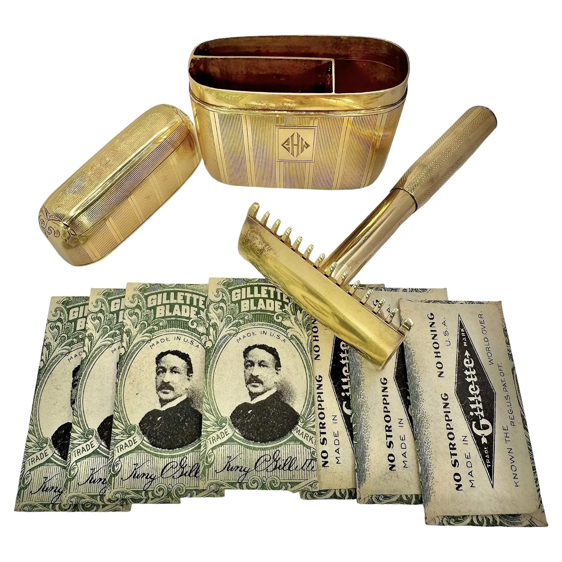 Antique Tiffany & Co 18k Gold Travel Razor & Case with Original Gillette Blades