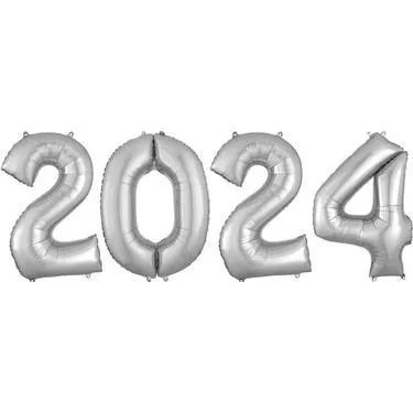 Silver 2024 Foil Balloon Year, 34in Numbers