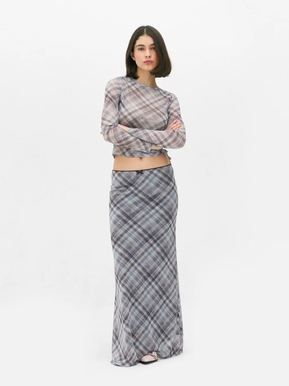 Mesh Check Midi Skirt