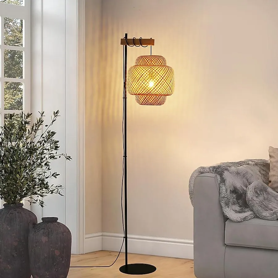 SUNLLOK Floor Lamp 61-in Black Torchiere Floor Lamp with Rattan Shade