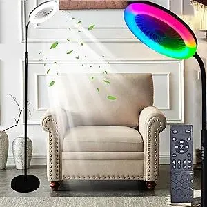 Floor Fan with RGB Lights and Remote, 3 Speeds Standing Floor Lamps with Button, Vertical LED Fan, 3000K-6500K Stepless Dimming for Office Kid Room Bedroom, Adjustable Height