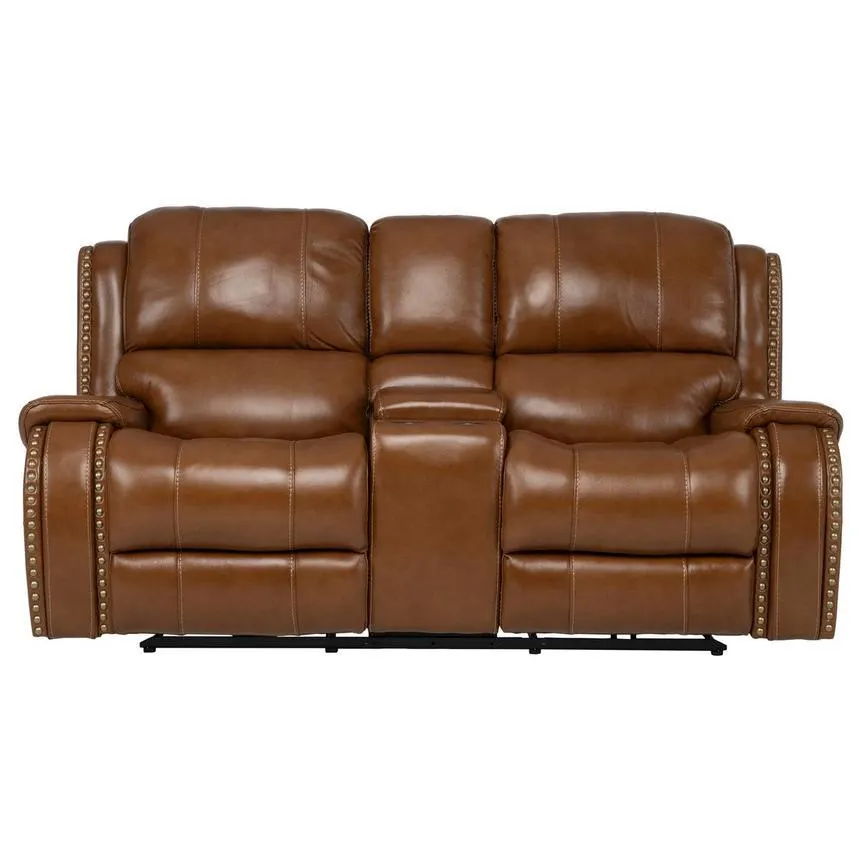 Durham Tan Leather Power Reclining Sofa w/Console