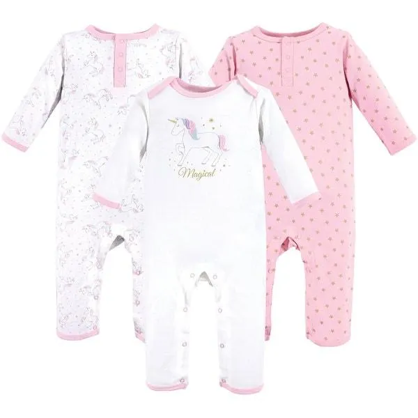 Hudson Baby Infant Girl Cotton Coveralls 3pk, Magical Unicorn