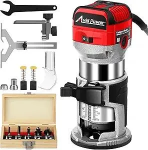 AVID POWER 6.5 Amp 1.25 HP Compact Router Tools for Woodworking, Fixed Base Wood Router with Trim Router Bits, 6 Variable Speeds, Edge Guide, Roller Guide, Dust Hood (Red, 65mm)