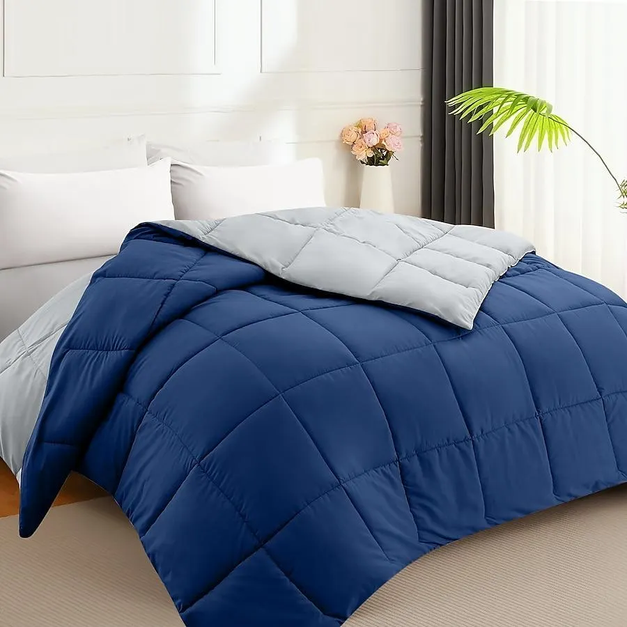 VOUA 165gsm All-season Navy / Light Gray Solid Reversible Queen Comforter Microfiber