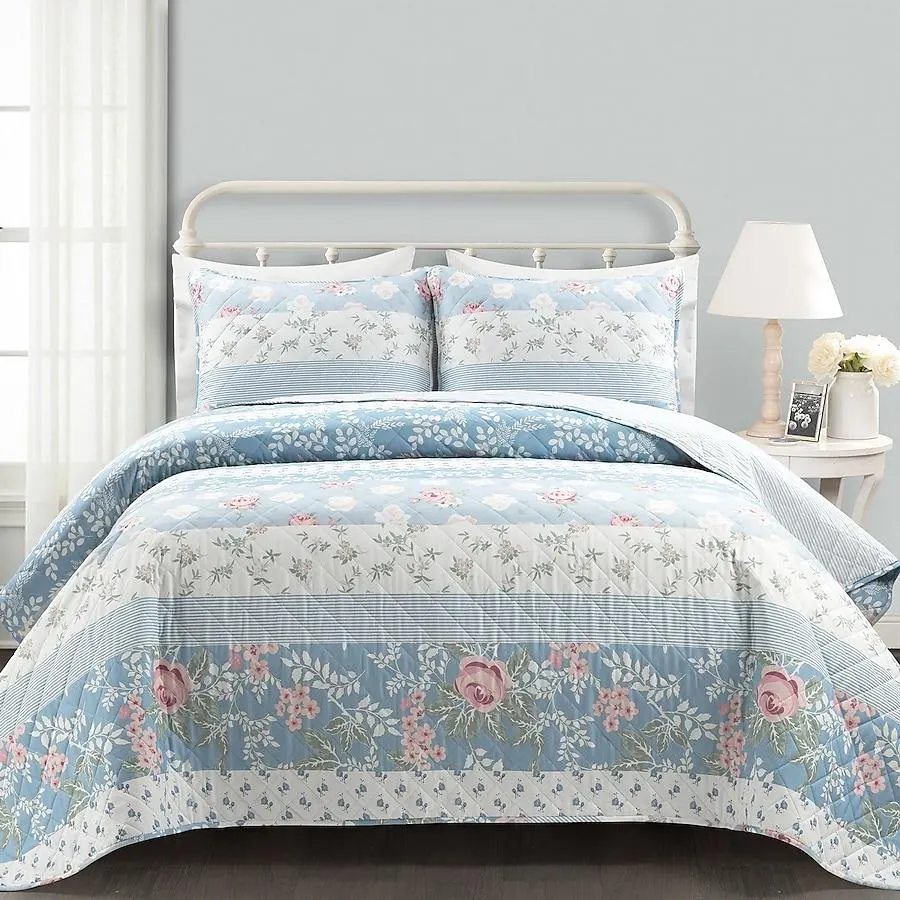 Lush Decor Blue Floral Reversible Full/Queen Quilt Cotton