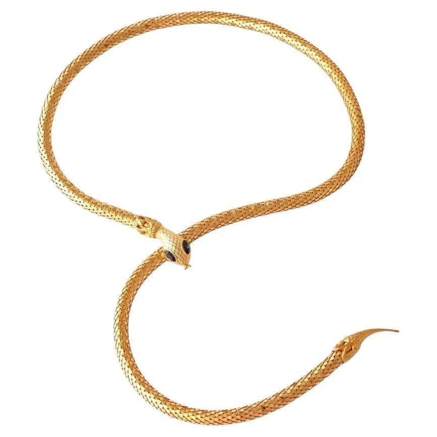 Gold Mesh Snake Belt or Necklace With Sapphire Eyes, 1980s