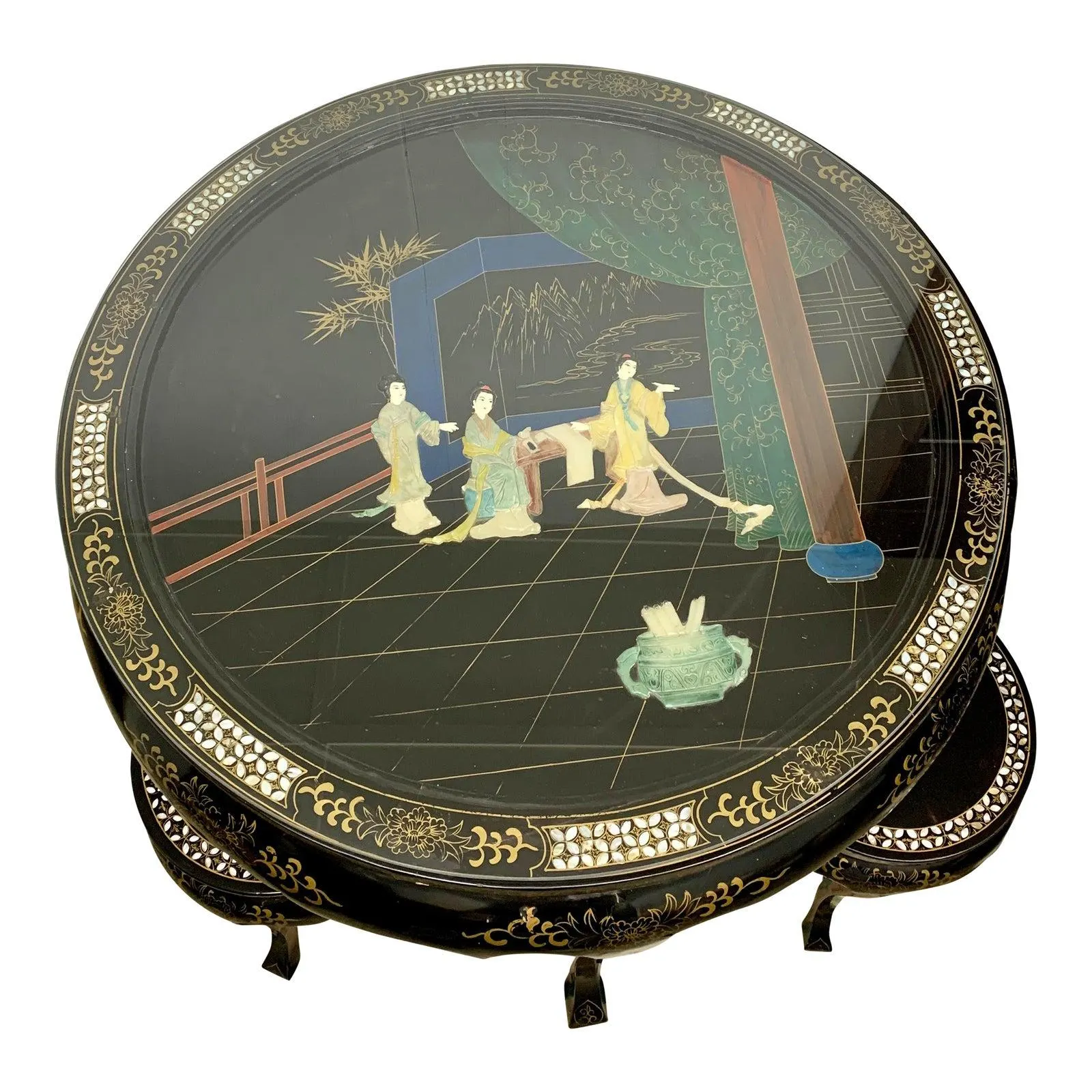 Black Lacquer Oriental Table With Stone Geisha Scene & 4 Stools - Mid-20th Century