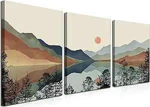 AKWISH Framed Mountain Canvas Wall Art Set of 3, Boho Watercolor Poster Prints Painting, Sun Forest Abstract Nature Landscape Artwork Wall Decor for Living Room, Bedroom, Office 12x16 In