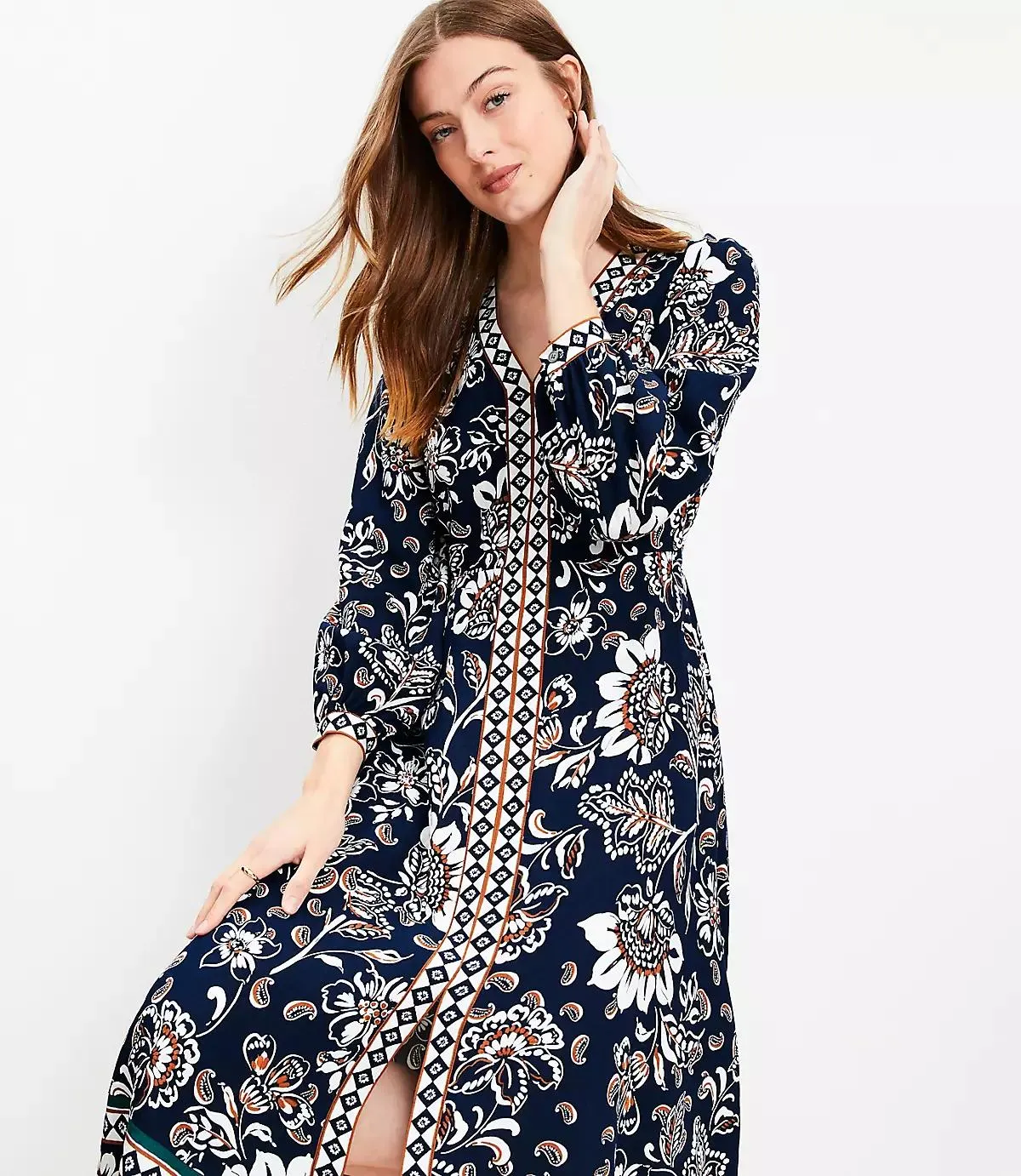 Border Floral V-Neck Midi Dress