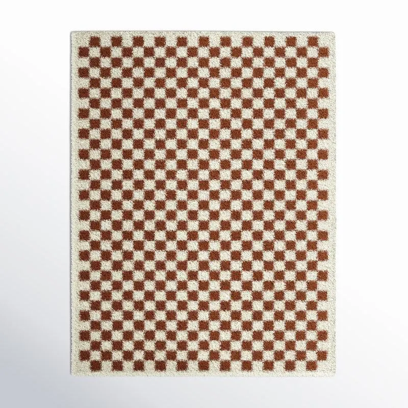 Walker Checkered Burnt Orange/Cream Shag Area Rug