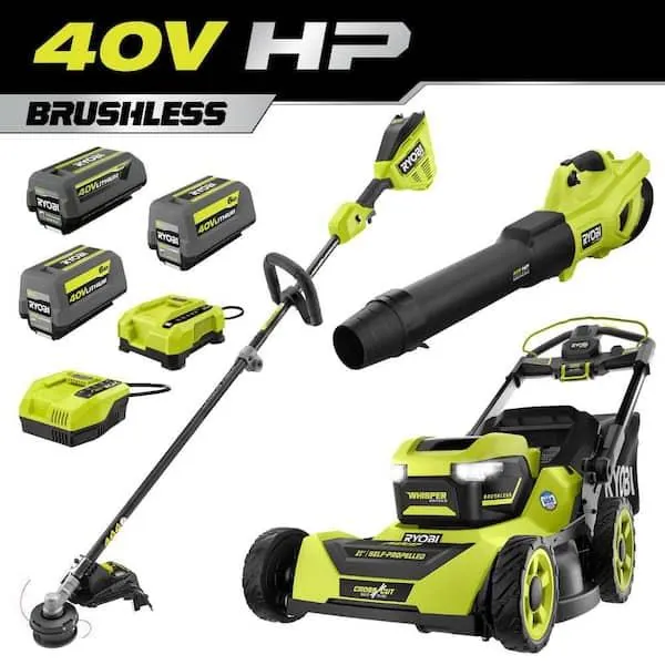 40V HP Brushless 21 in. Self-Propelled Lawn Mower, Blower & Trimmer w/ (2) 6.0 Batteries, (1) 4.0 Battery & (2) Chargers