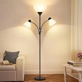 Floor Lamp for Living Room,72" Dimmable Torchiere Lamp with 2 Reading Lights for Bedroom, Black Tall Standing Room Lamp, 3 Bulbs Included