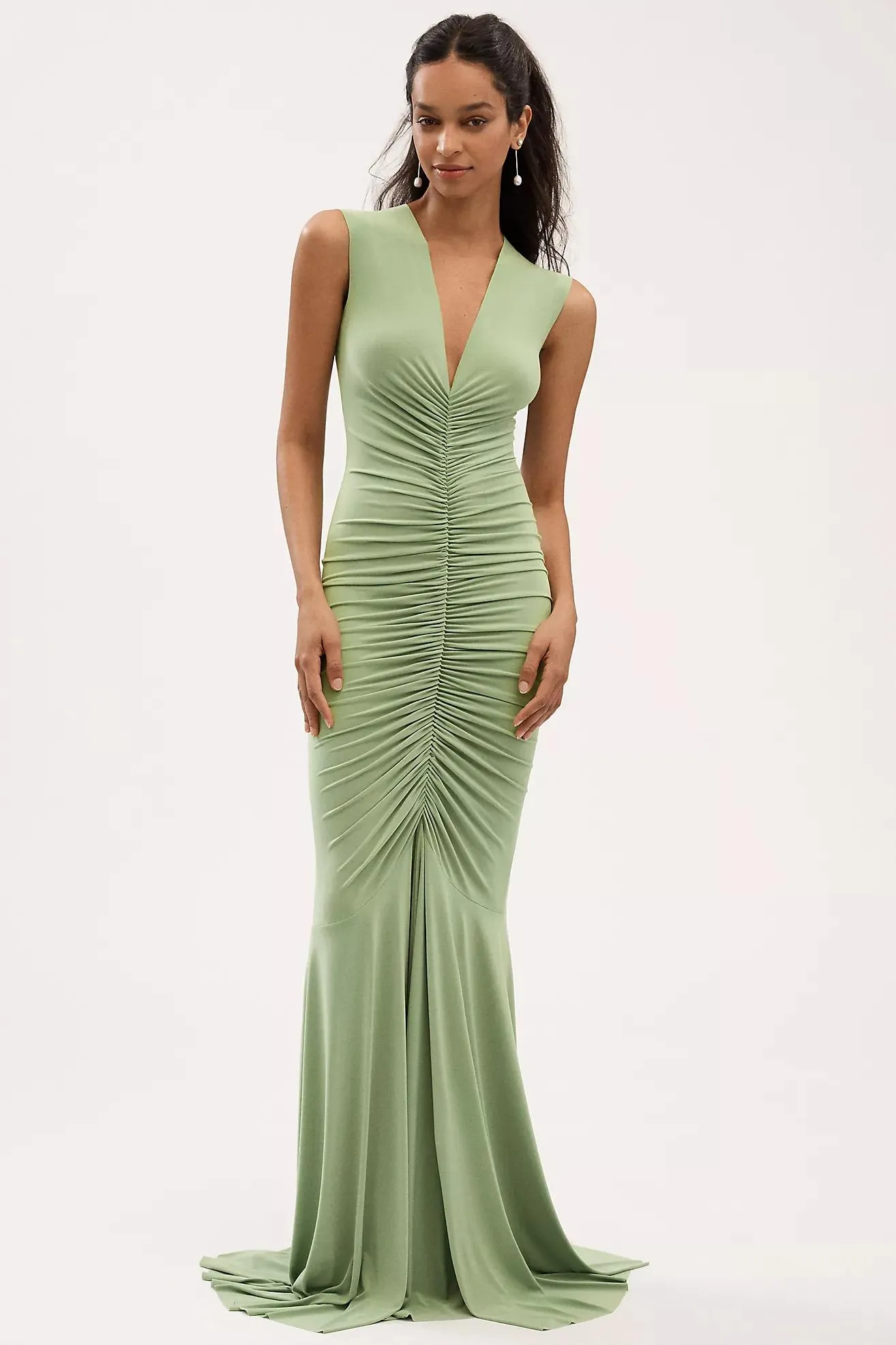 Norma Kamali Sleeveless Deep V-Neck Shirred Stretch Jersey Fishtail Gown