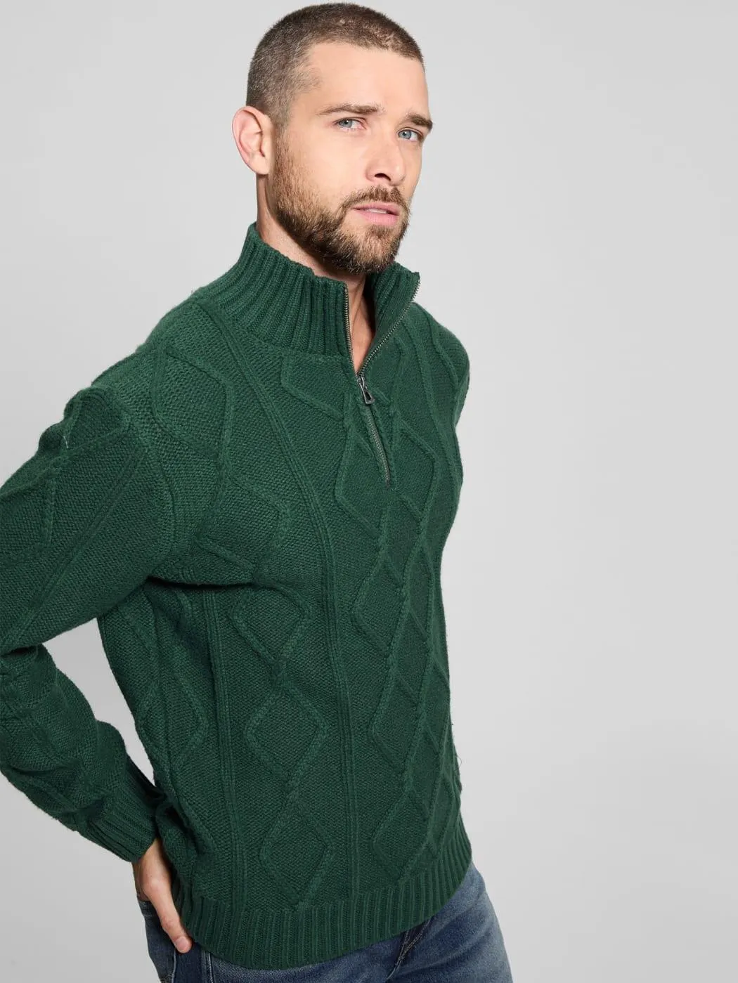 Diamond Cable-Knit Half-Zip Sweater