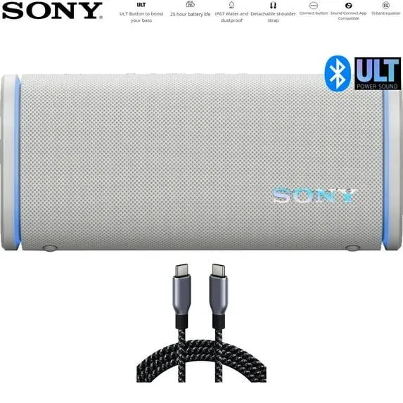 Sony SRSULT50W ULT Field 5 Wireless Portable Bluetooth Speaker Off-White Bundle with Deco Essentials 6 Foot Braided USB-C to USB-C Cable