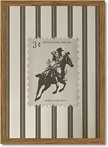 Vintage Western Wall Art, Striped Rodeo Wall Decor Southwest Cowboy Poster Canvas Prints, Retro Stamp Mid West Mid Century Artwork Aesthetic for Bedroom Living Room 12x16 inch Wood Framed