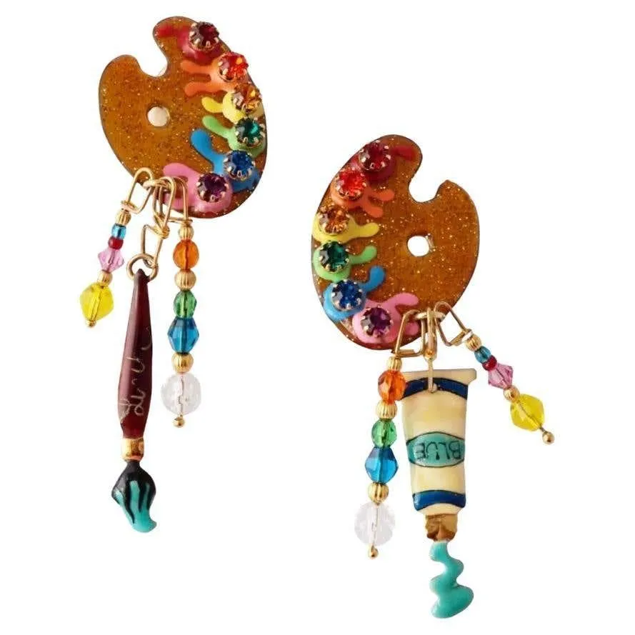 Rainbow Artist Palette Enameled Dangle Earrings By Lunch at the Ritz, 1980s