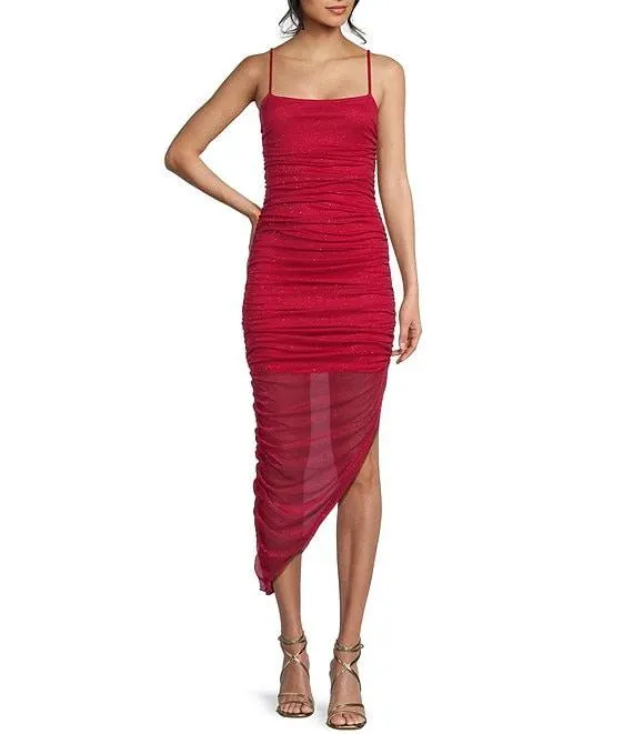 Glitter Ruched Asymmetrical Hem Bodycon Dress
