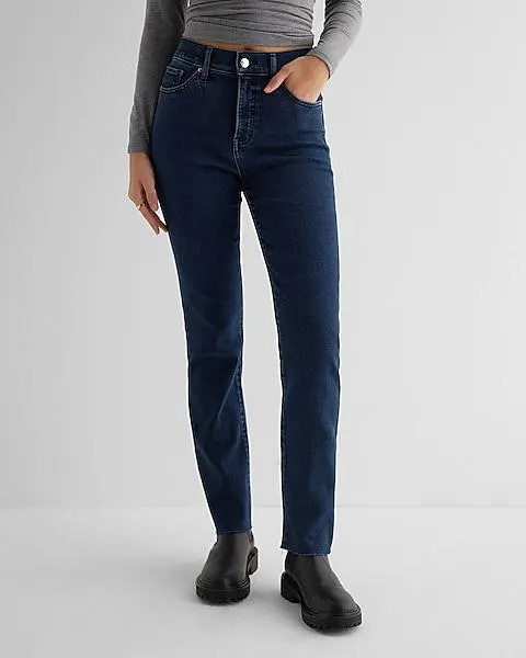 High Waisted Dark Wash Raw Hem '90s Slim Jeans