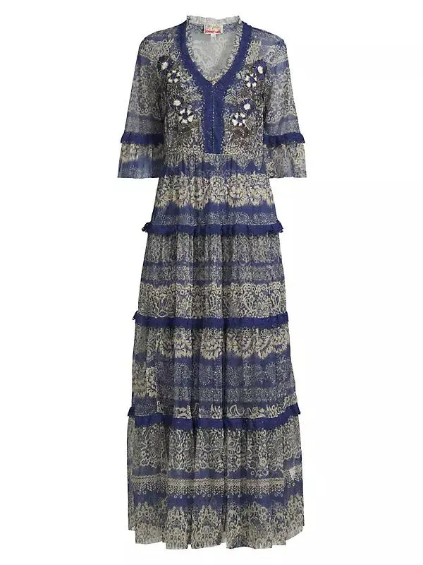 Mazzy Embellished Mesh Tiered Maxi Dress