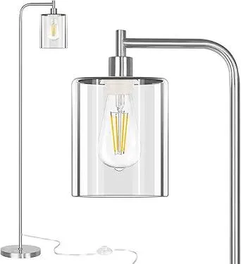 QiMH Industrial Floor Lamp for Living Room, Modern Standing Lamp with HD Glass Lampshade and Pedal Switch, 67” Tall Pole Light for Bedroom Study Room, Brushed Silver (2700K LED Bulb Included)