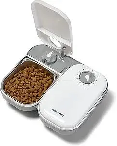 Closer Pets C200 2 Meal Timer-Controlled Automatic Pet Feeder - for Cats and Small Dogs, Wet or Dry Food, Stainless Steel Bowl Inserts and Ice Pack, up to 0.88 lb Each, White