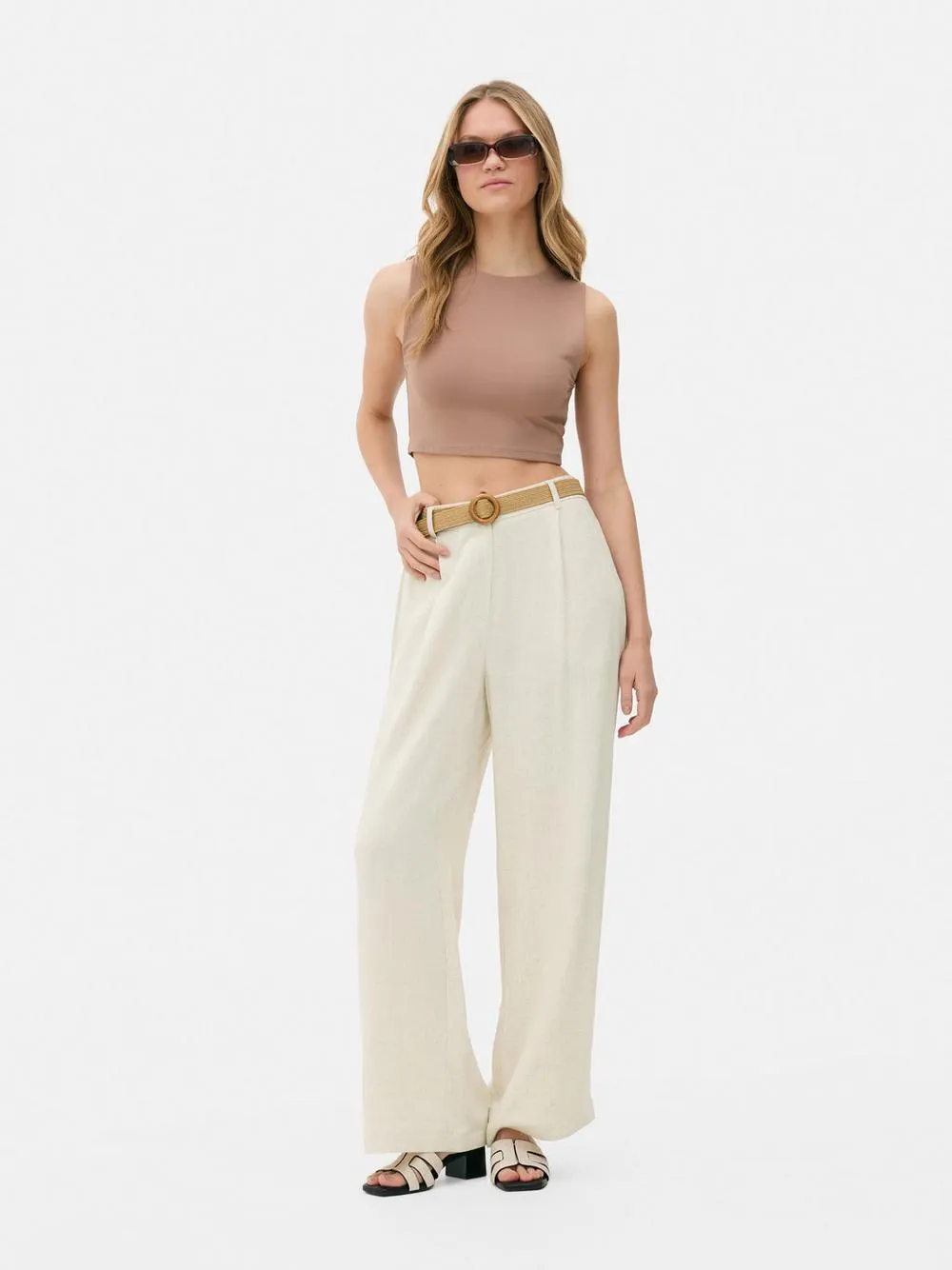 Belted Flax Straight Leg Trousers