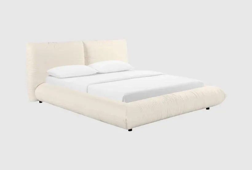 Royce White Queen 100% Recycled Linen Fabric Upholstered Wood Platform Bed