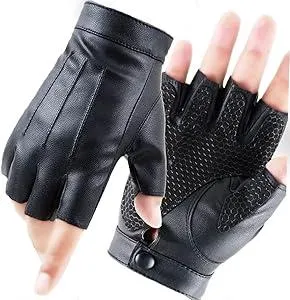 LJCZKA Fingerless Driving PU Leather Gloves Outdoor Sport Faux Half Finger with Anti-Slip Layer Glove for Men Women