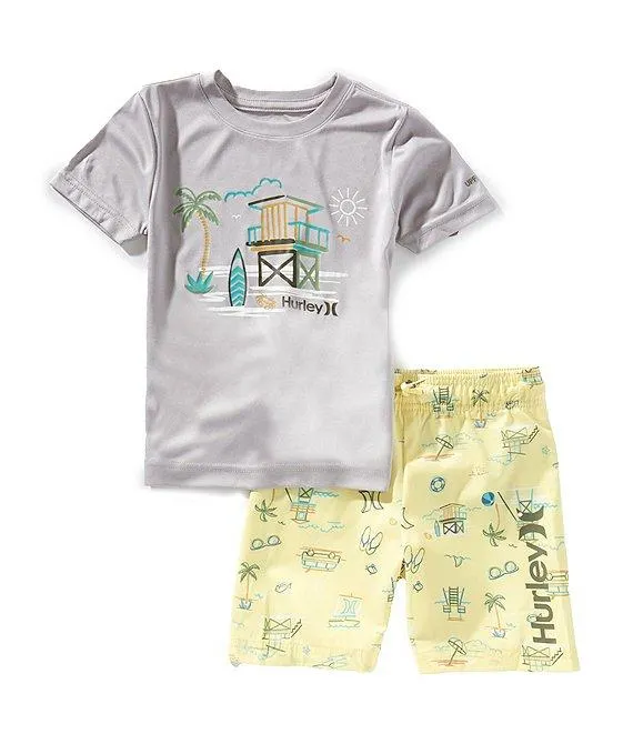 Little Boys Short Sleeve Lifeguard T-Shirt & Allover Printed Swim Shorts Set