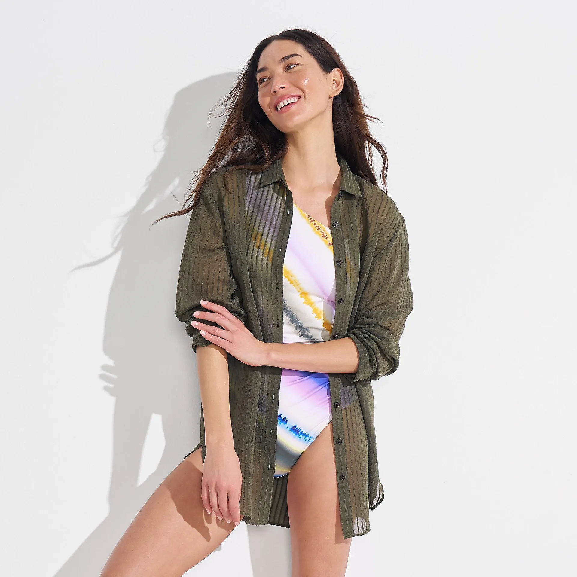 Women's Sheer Rayon Rib Button Down Swim Cover-up Shirtdress