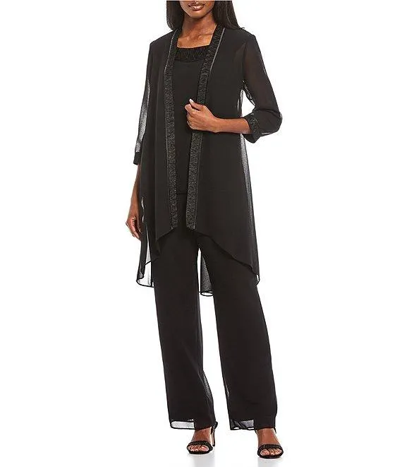 Round Neck 3/4 Sleeve Georgette Tonal Trim Evening 3-Piece Pant Set