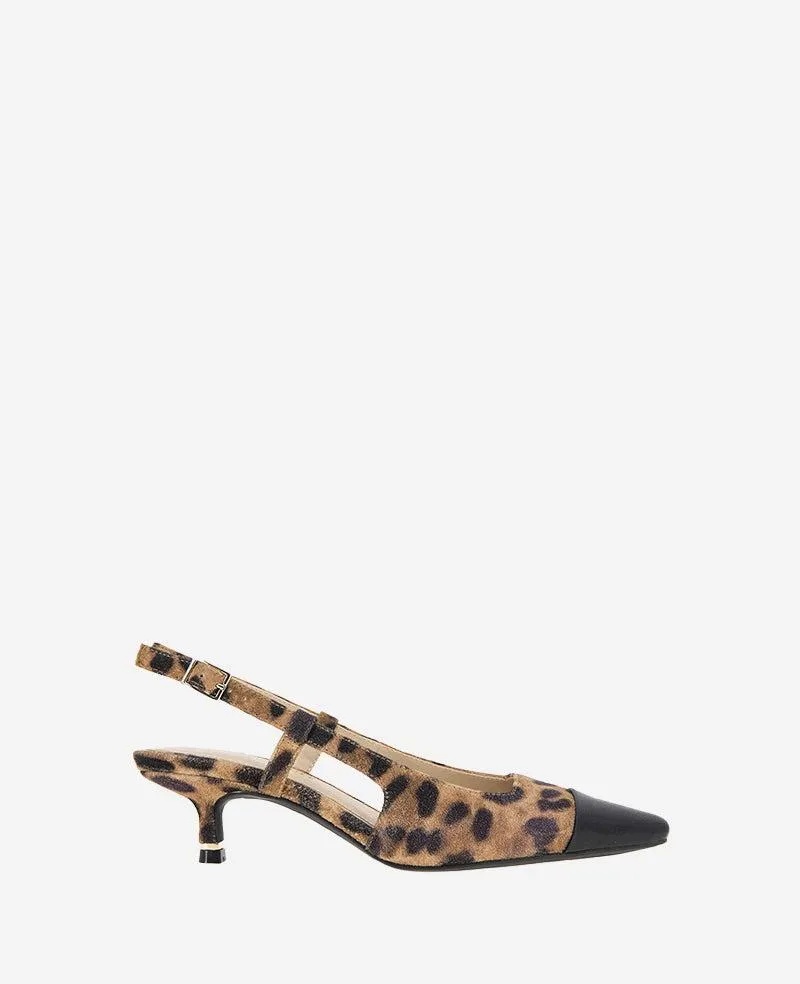 Martha Leopard Suede Cap Toe Slingback Kitten Heel - Leopard Suede