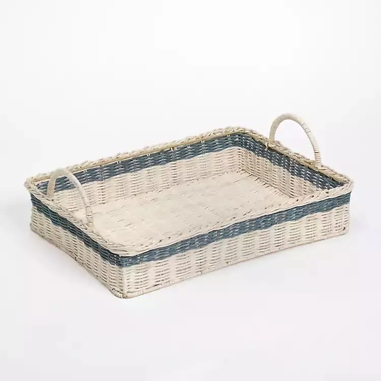 White and Blue Rattan Decorative Tray