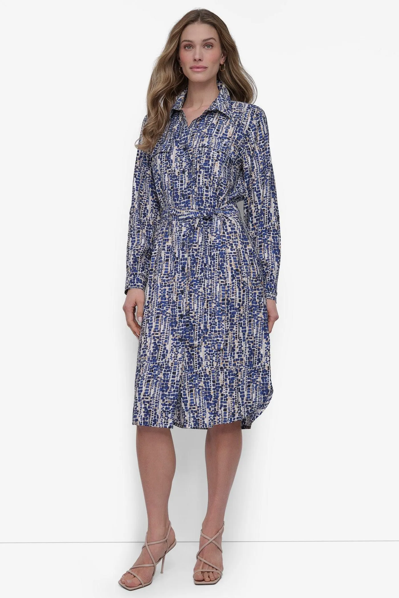 BELTED TIERED MIDI SHIRT DRESS
