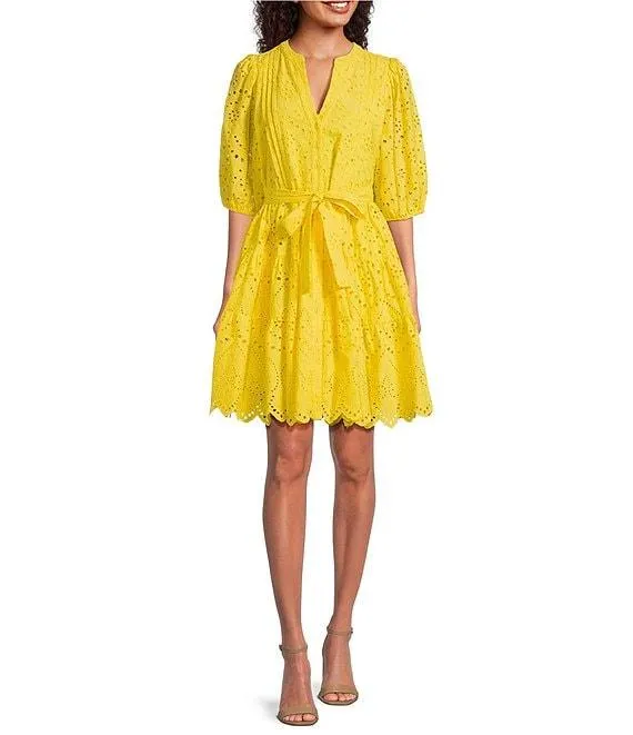 Eyelet Split Round Neck Elbow Puff Sleeve Button Down Belted Scallop Hem Pocketed A-Line Dress