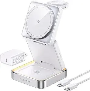 【2025 Upgraded】Wireless Charger 3 in 1, Foldable Wireless Charging Station with Light for Apple MagSafe Charger, Travel Magnetic Charger for iPhone 17/16/15/14/13/12 Apple Watch AirPods (20W Adapter)
