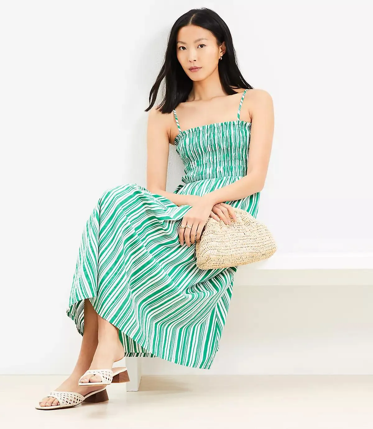 Striped Poplin Smocked Strappy Maxi Dress