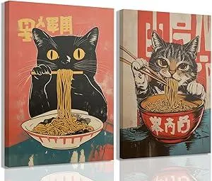 Framed Funny Black Cat Canvas Wall Art Set of 2, Vintage Japanese Cat Eating Ramen Poster, Unique Gifts and Animal Lover Printing Picture for Living Room Kitchen Dining Room Wall Decor 12x16in