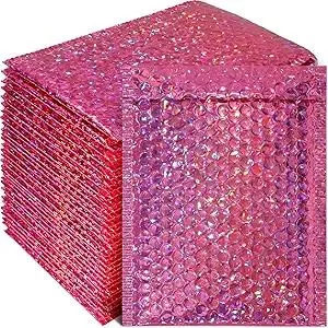 30 Pieces Holographic Bubble Mailers Padded Mailer Holographic Bubble Mailers Padded Envelopes Self Sealing Cushion Envelopes for Mailing, Shipping and Packing(Rose Red, 9.5 x 6 Inch)