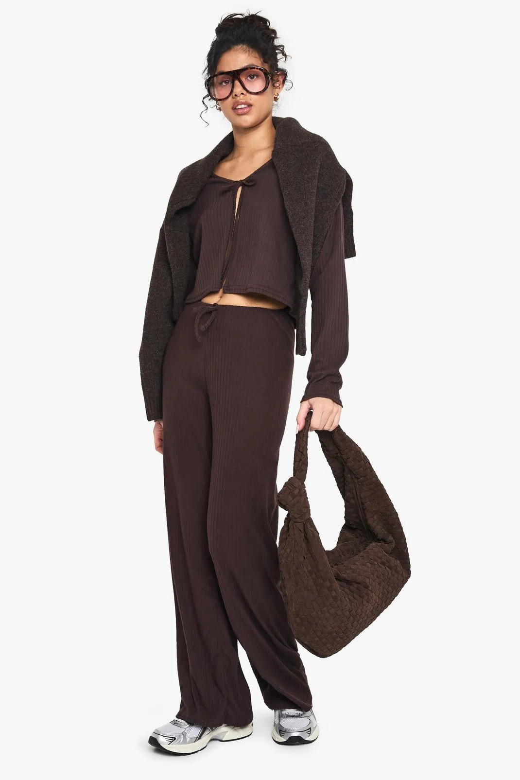 RIB TIE FRONT LONG SLEEVE TOP AND DRAWSTRING STRAGHT LEG TROUSER SET