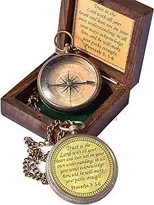 Trust in The Lord With All Your Heart - Proverbs 3:5-6 Quote Engraved Compass With Wooden Box, Greeting Card, Gift Compass, Graduation Day Gifts 2024 for Women Men Boys Girls