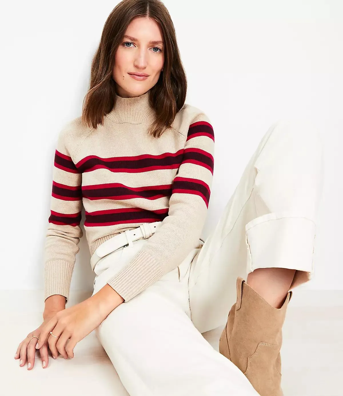 Striped Ribtrim Mock Neck Sweater